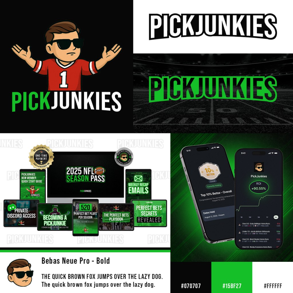 PickJunkies visual identity pack featuring logo, website design, marketing materials, and brand elements created by Apex Aesthetics.