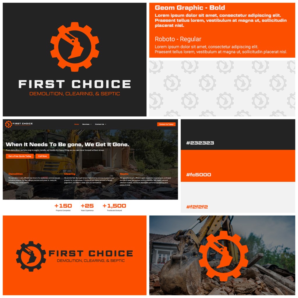 Visual identity image showcasing First Choice’s branding elements, including logo, color palette, and typography.