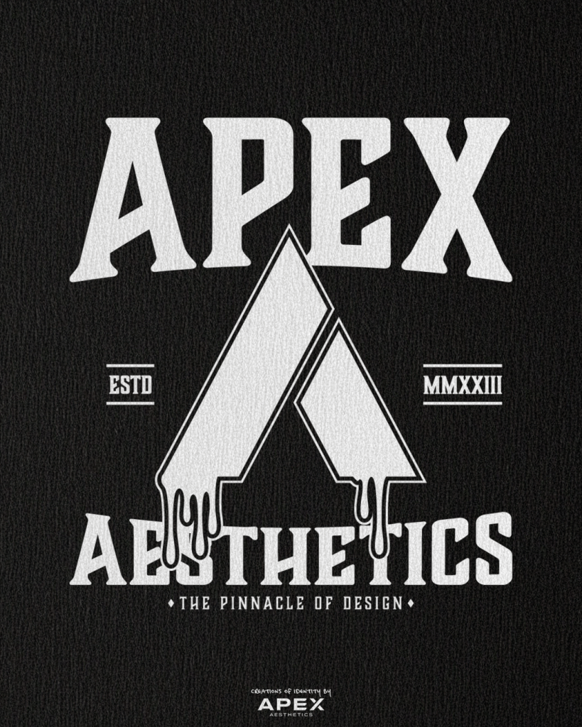 Apex Aesthetics logo on textured black paper background. Features a white triangle "A" symbol with a dripping paint effect, flanked by "ESTD MMXXIII", with the tagline The Pinnacle of Design.
