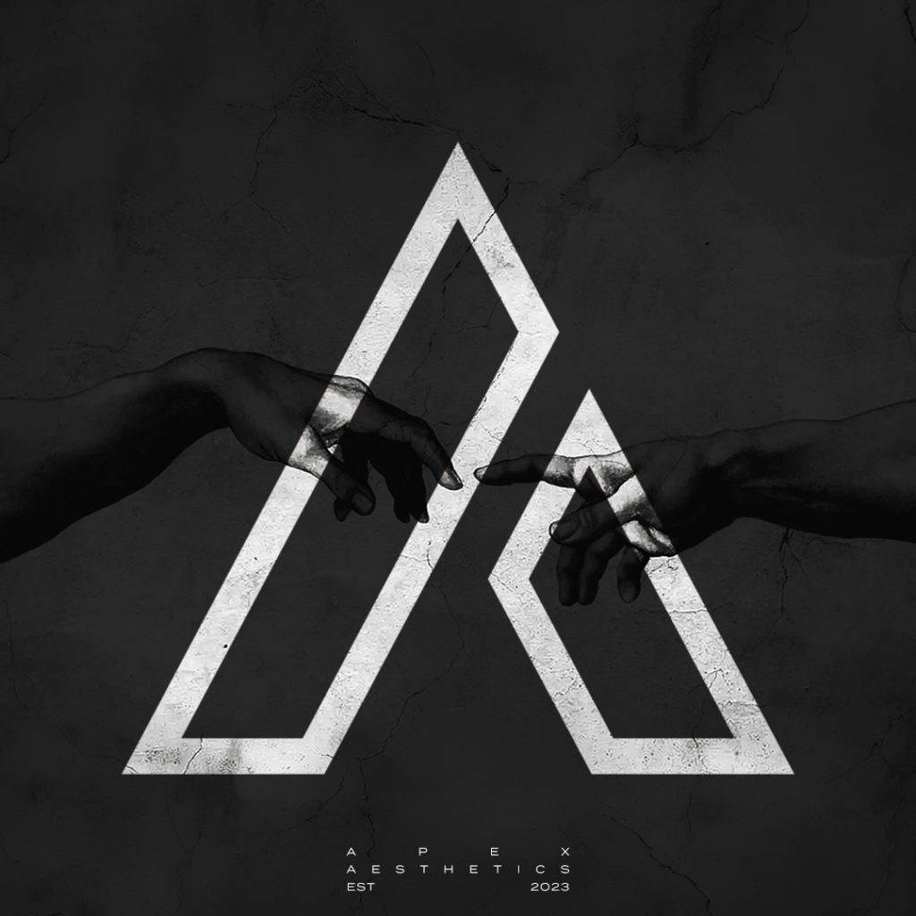 Dark monochrome graphic featuring a classical art style of reaching hands behind the bold white geometric Apex Aesthetics logo.