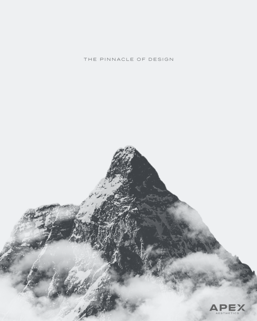 Dark gray geometric textured graphic with subtle color lens flares and 'The Pinnacle of Design' text by Apex Aesthetics.