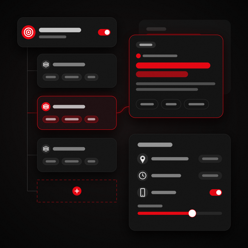 Illustration of a campaign build with ad groups, an ad preview and location, schedule and device settings.