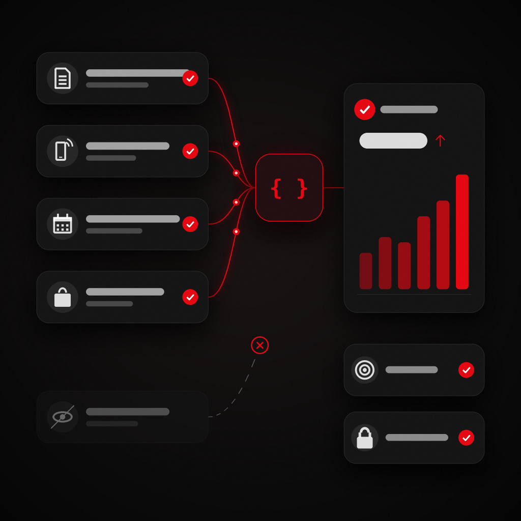 Illustration of conversion tracking linking forms, calls, bookings and purchases to a rising bar chart.