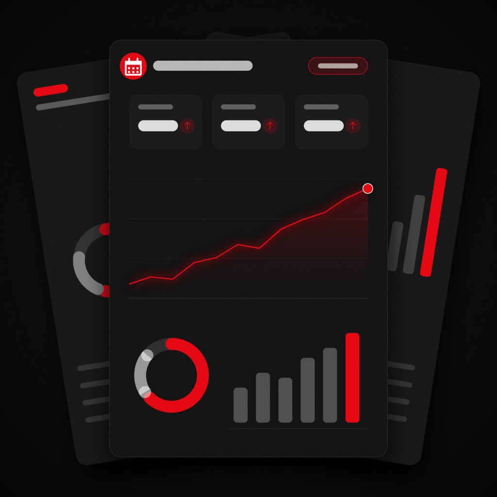 Illustration of a monthly report with a rising line chart, a donut chart and a bar chart.