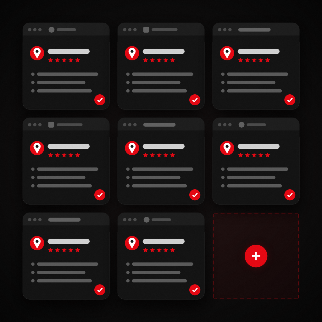 Illustration of a grid of business listing cards with pins, star ratings and checkmarks, plus one empty slot.