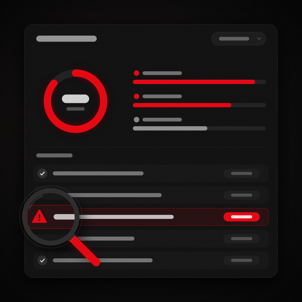 Illustration of a site audit dashboard with a score ring, issue list and a magnifying glass over a warning.