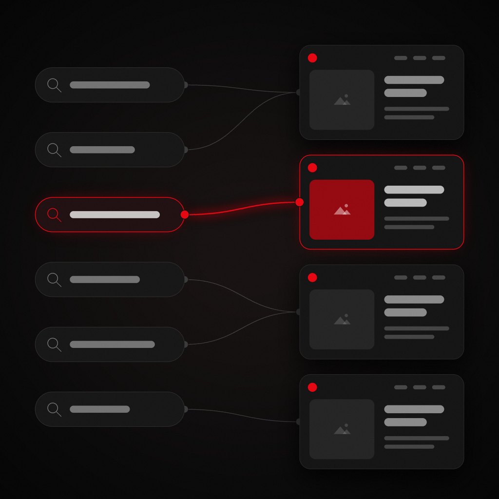 Illustration of keyword mapping with search terms linked to individual pages of a website.