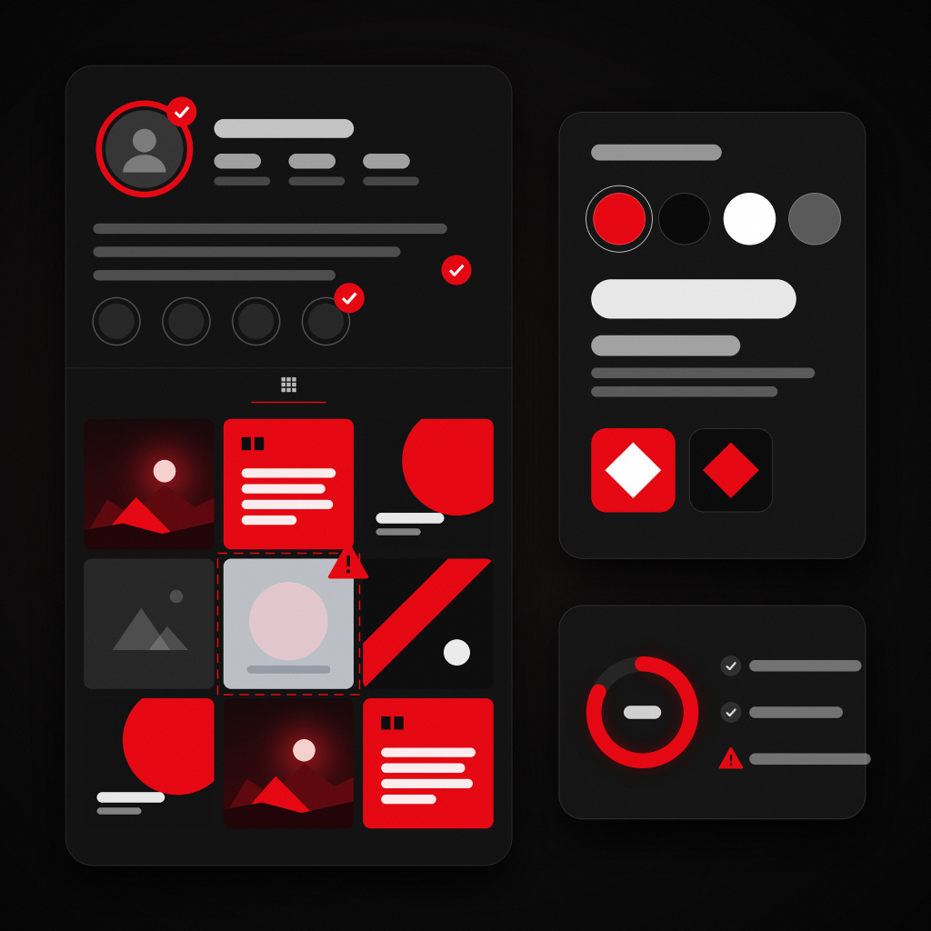 Illustration of a social profile audit with a post grid, brand colors and an engagement ring.