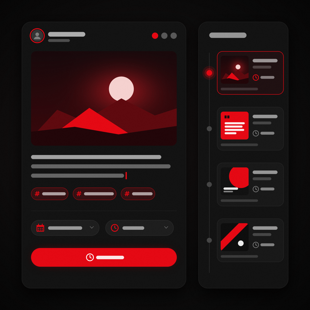Illustration of a post preview with caption text and a schedule button beside a queue of upcoming posts.