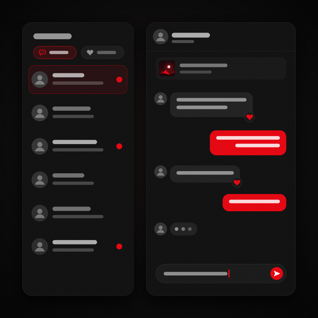 Illustration of a comment inbox beside a conversation thread with replies in red.